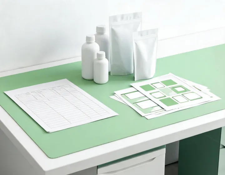 Buyer specification worksheet beside neutral supplement packaging samples